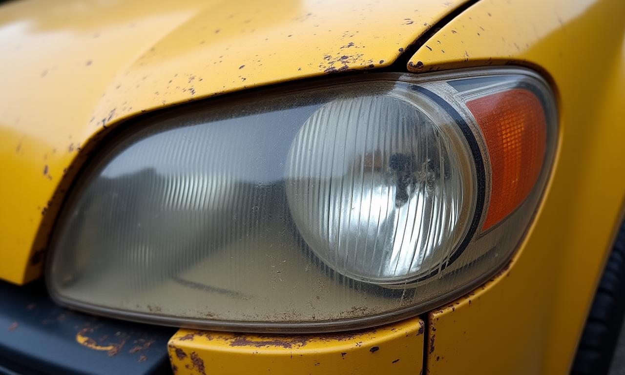 Oxidized and yellowed car headlamp before restoration.