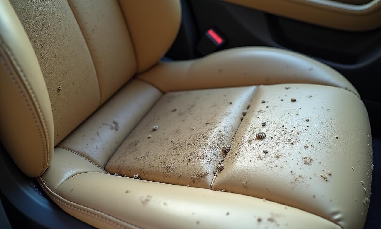Dirty and worn leather seats in a Mercedes S-Class before detailing.